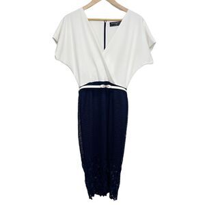 Paper Dolls Belted Short Sleeve Midi Dress White and Blue Size 6